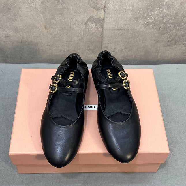 MIUMIU 26S DOUBLE STRAP MARY JANE FLATS IN BLACK SHEEPSKIN