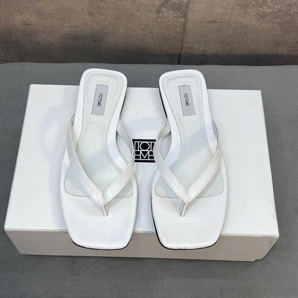 THE ROW 26S SQUARE TOE THONG SANDALS IN WHITE CROCODILE EMBOSSED CALFSKIN
