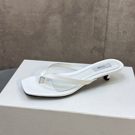 THE ROW 26S SQUARE TOE THONG KITTEN HEEL SANDALS 45MM IN WHITE CROCODILE EMBOSSED CALFSKIN