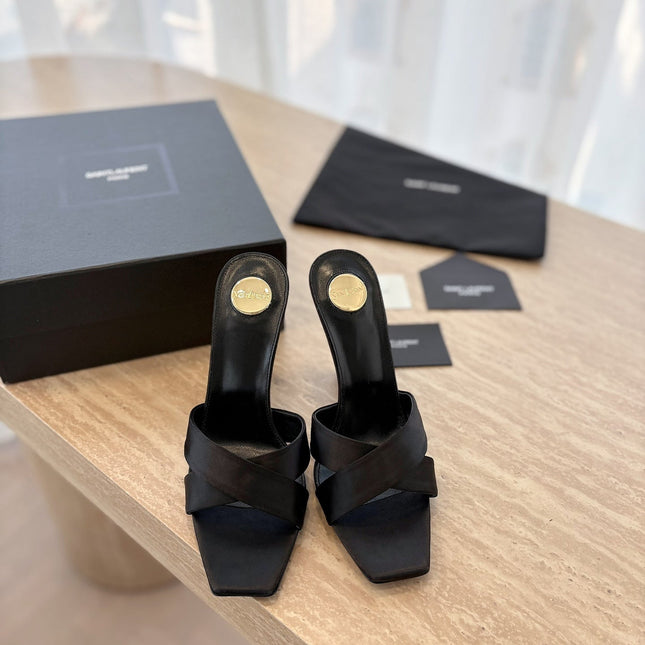 OPYUM OPEN TOE HIGH 10 CM MULES IN BLACK CALFSKIN