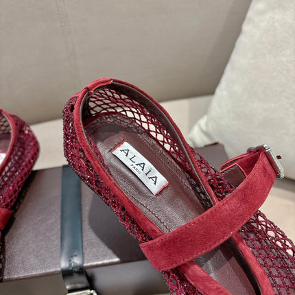 ALAIA 26S MESH FLATS IN DARK RED SUEDE