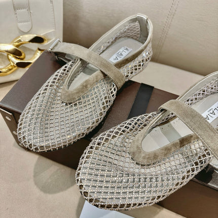ALAIA 26S MESH FLATS IN BEIGE BROWN SUEDE
