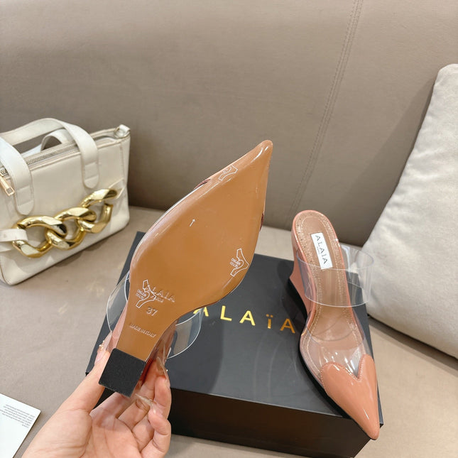 ALAIA 26S HIGH-HEEL WEDGE MULES 95 MM IN LIGHT BROWN GLOSSY CALFSKIN