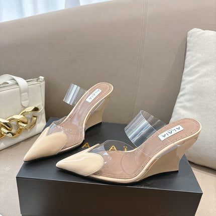 ALAIA 26S HIGH-HEEL WEDGE MULES 95 MM IN BEIGE GLOSSY CALFSKIN