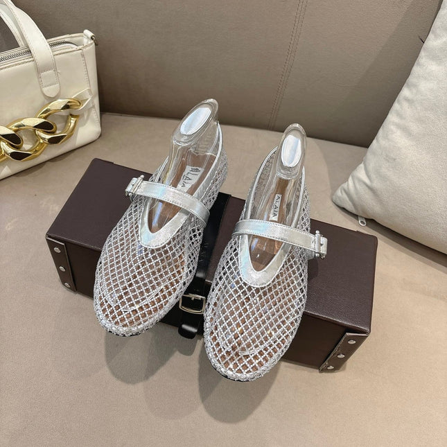 ALAIA 26S MESH FLATS IN SILVER LAMBSKIN