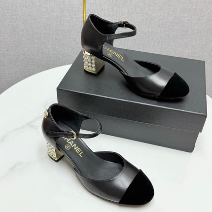 CC MARY JANE HEELS 25S IN BLACK LAMBSKIN AND SUEDE WITH PEARL HEEL STYLE 5