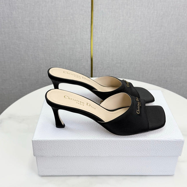 DIOR 26S HIGH-HEELED MULES IN BLACK SATIN GOLD HARDWARE
