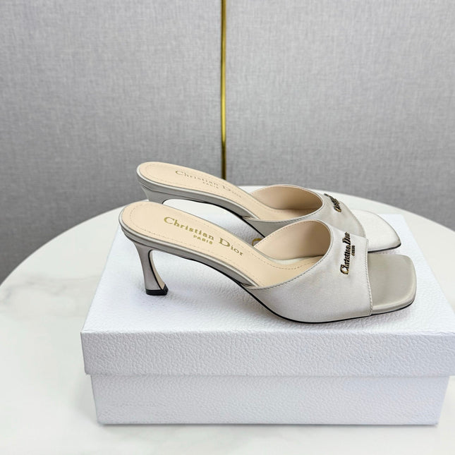 DIOR 26S HIGH-HEELED MULES IN LIGHT GRAY SATIN GOLD HARDWARE