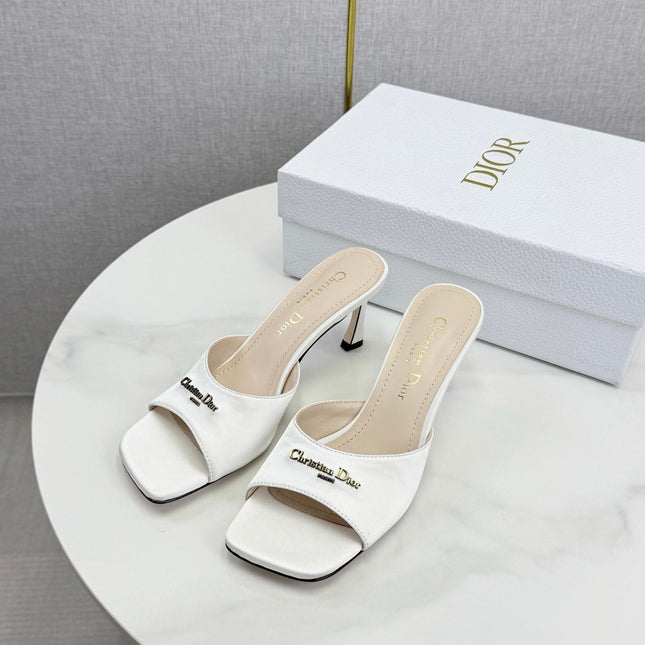 DIOR 26S HIGH-HEELED MULES IN WHITE SATIN GOLD HARDWARE