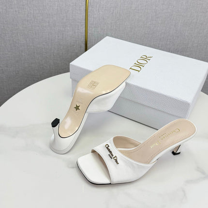 DIOR 26S HIGH-HEELED MULES IN WHITE SATIN GOLD HARDWARE