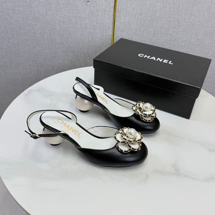 CHANEL 26S CAMELLIA PEARL SLINGBACKS IN BLACK CALFSKIN