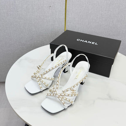 CHANEL 26S CHAIN STRAP HIGH HEELS 65 MM IN WHITE LAMBSKIN