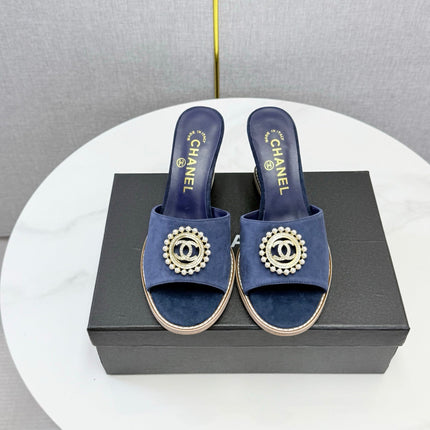 CHANEL 26S WEDGE HEELS IN DARK BLUE SUEDE WITH CC PEARL EMBELLISHED
