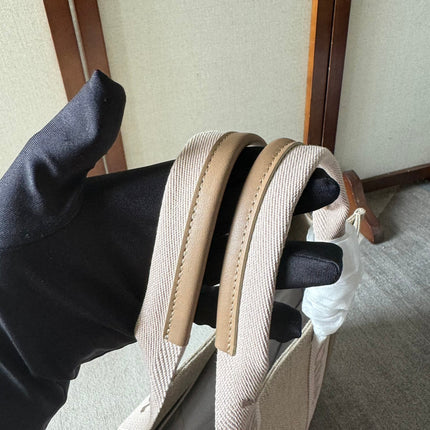 LAGRE WOODY TOTE BAG 45 IN BEIGE LINEN CANVAS LIGHT PINK WEBBING LOGO EMBROIDERY