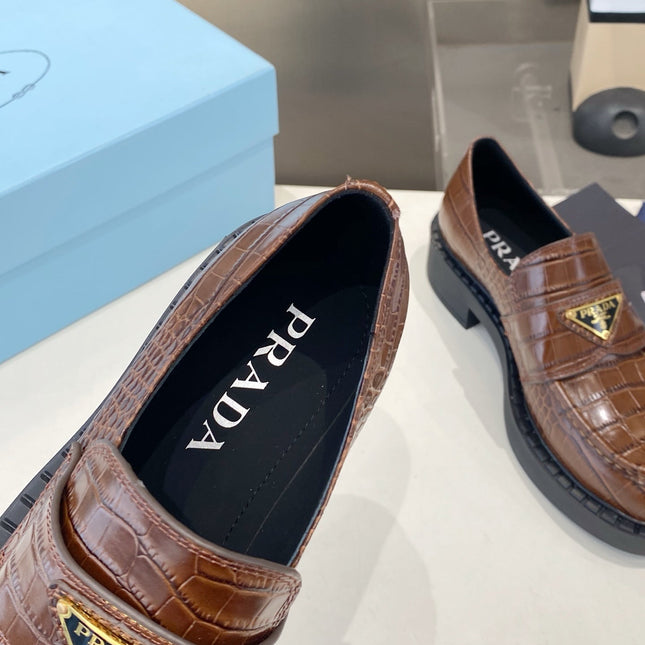 PRADA 26S LOAFERS IN DARK BROWN CROCODILE PRINT CALFSKIN