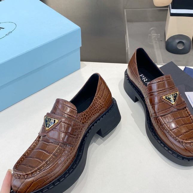 PRADA 26S LOAFERS IN DARK BROWN CROCODILE PRINT CALFSKIN