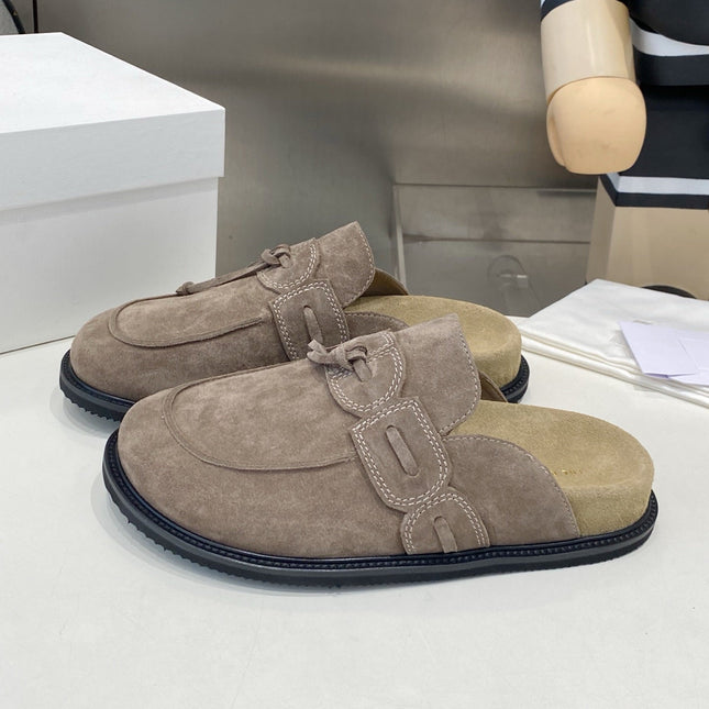 THE ROW 26S KNOT DETAIL MULE LOAFERS IN TAUPE BROWN SUEDE