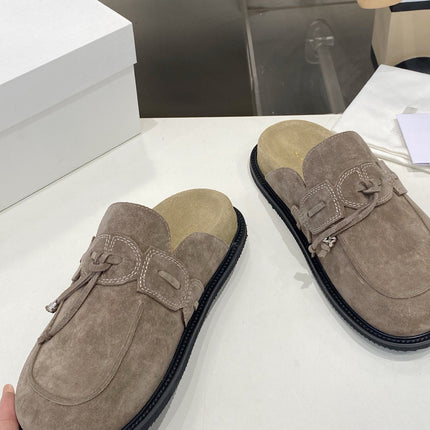 THE ROW 26S KNOT DETAIL MULE LOAFERS IN TAUPE BROWN SUEDE