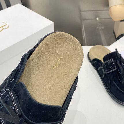 THE ROW 26S FRINGE LACE UP MULES IN BLACK SUEDE