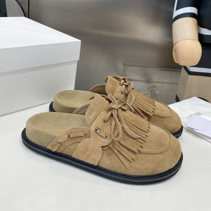THE ROW 26S FRINGE LACE UP MULES IN SAND BEIGE SUEDE