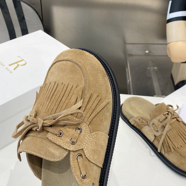 THE ROW 26S FRINGE LACE UP MULES IN SAND BEIGE SUEDE