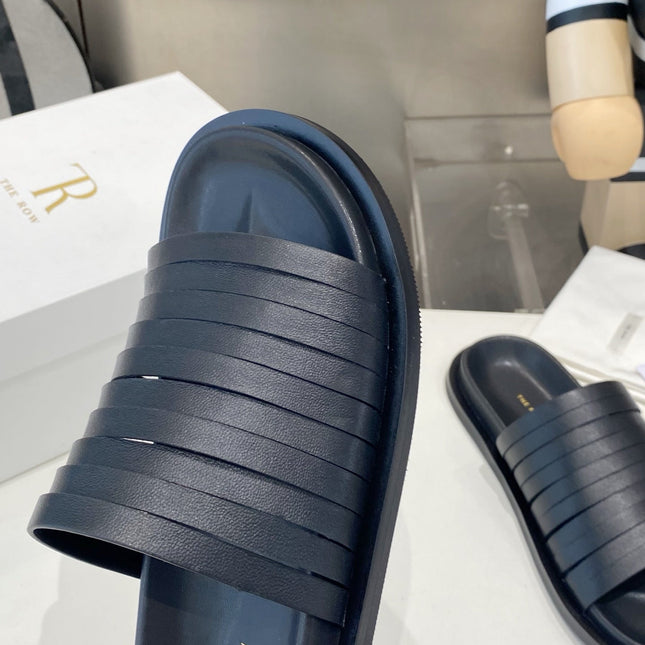 THE ROW 26S MULTI STRAP SLIDES IN BLACK CALFSKIN