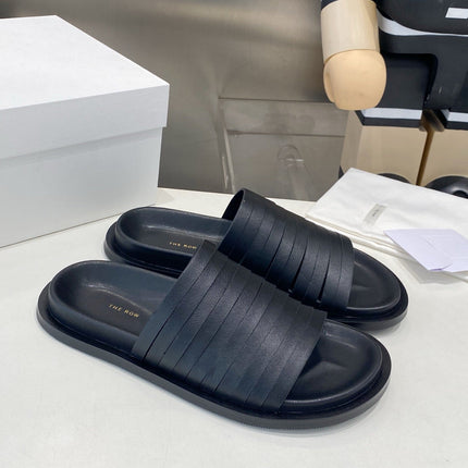 THE ROW 26S MULTI STRAP SLIDES IN BLACK CALFSKIN