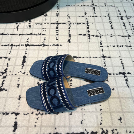 GG SLIDE SANDAL WITH GUCCI SCRIPT AEGEAN DENIM