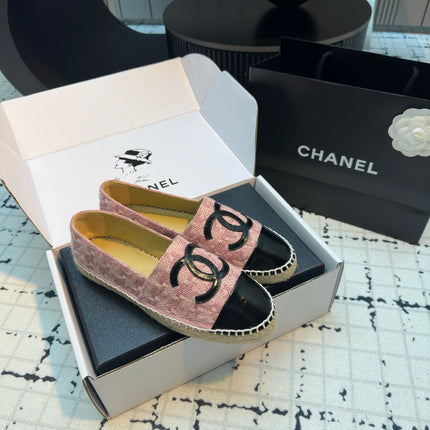 ESPADRILLES LOAFERS IN LIGHT PINK TWEED AND BLACK LAMBSKIN