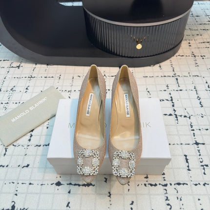 Hangisi 70 Beige Glitter Fabric Leather Jewel Buckle Pumps 912611