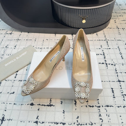 Hangisi 70 Beige Glitter Fabric Leather Jewel Buckle Pumps 912611