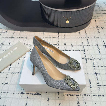 Hangisi 70 Silver Glitter Fabric Leather Jewel Buckle Pumps 912614