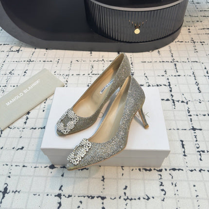 Hangisi 70 Gold Glitter Fabric Leather Jewel Buckle Pumps 912614