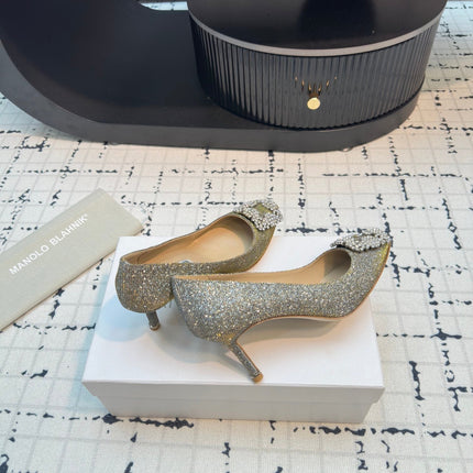 Hangisi 70 Gold Glitter Fabric Leather Jewel Buckle Pumps 912614