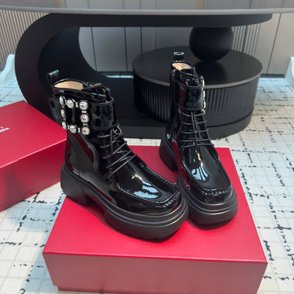 VIV' RANGERS ANKLE BOOTS IN BLACK PATENT LAMBSKIN STRASS BUCKLE