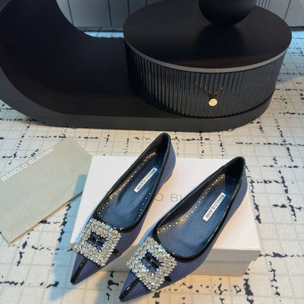 Hangisi 10mm Ballet Flat Dark Blue Linen with Black Leather Jewel Buckle 161059
