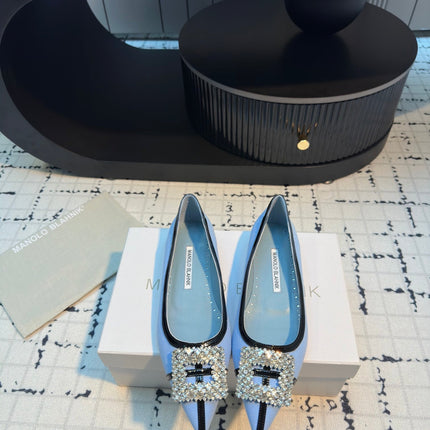 Hangisi 10mm Ballet Flat Ocean Blue Linen with Black Leather Jewel Buckle 161062