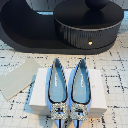 MANOLO BLAHNIK HANGISI FLAT BALLERINA SHOES IN BLUE WITH CRYSTAL BUCKLE