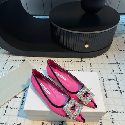 Hangisi 10mm Ballet Flat Dark Pink Linen with Black Leather Jewel Buckle 161065