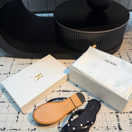 THE ROW 26S THONG SANDALS IN BLACK POLKA DOT SATIN