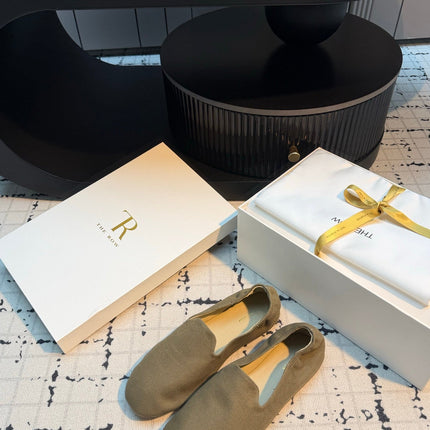 THE ROW 26S LOAFERS IN OLIVE GREEN CANVAS