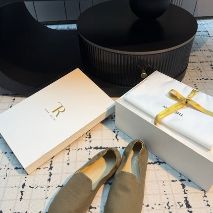 THE ROW 26S LOAFERS IN OLIVE GREEN CANVAS