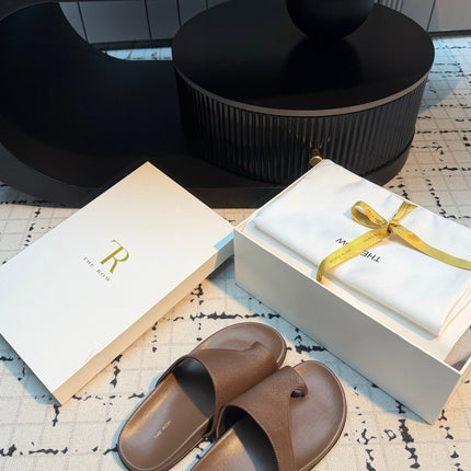 THE ROW 26S THONG SLIDE SANDALS IN BROWN CALFSKIN