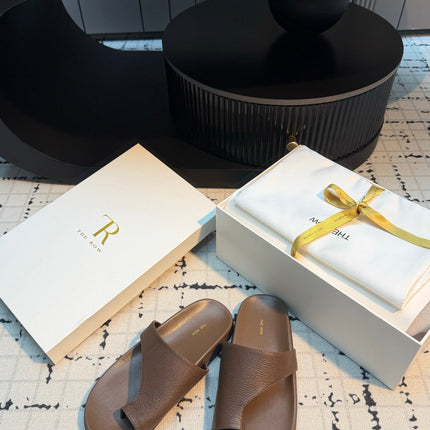 THE ROW 26S THONG SLIDE SANDALS IN BROWN CALFSKIN