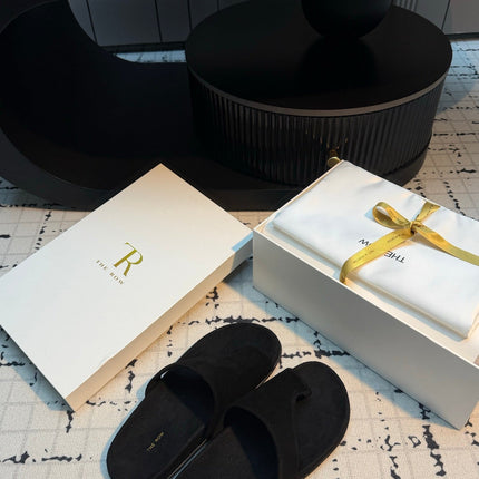 THE ROW 26S THONG SLIDE SANDALS IN BLACK SUEDE
