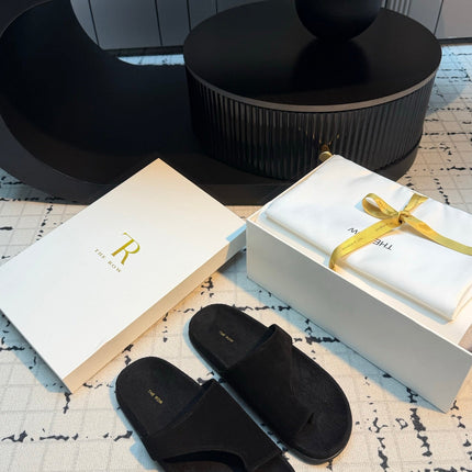 THE ROW 26S THONG SLIDE SANDALS IN BLACK SUEDE