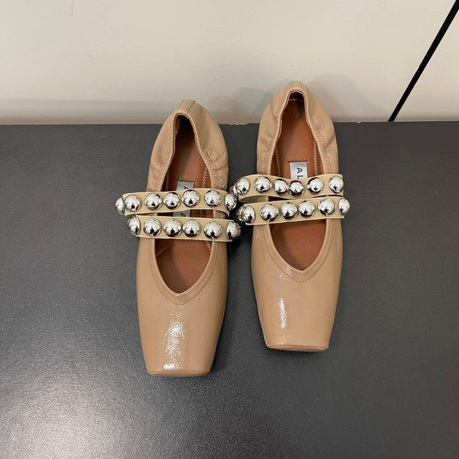 ALAIA BALLET FLATS IN ALMOND BEIGE GLOSSY CALFSKIN WITH SILVER HARDWARE