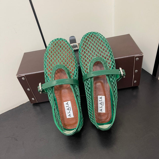 ALAIA BALLET FLATS IN COOL GREEN MESH FISHNET