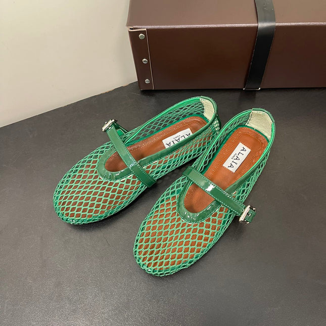 ALAIA BALLET FLATS IN COOL GREEN MESH FISHNET