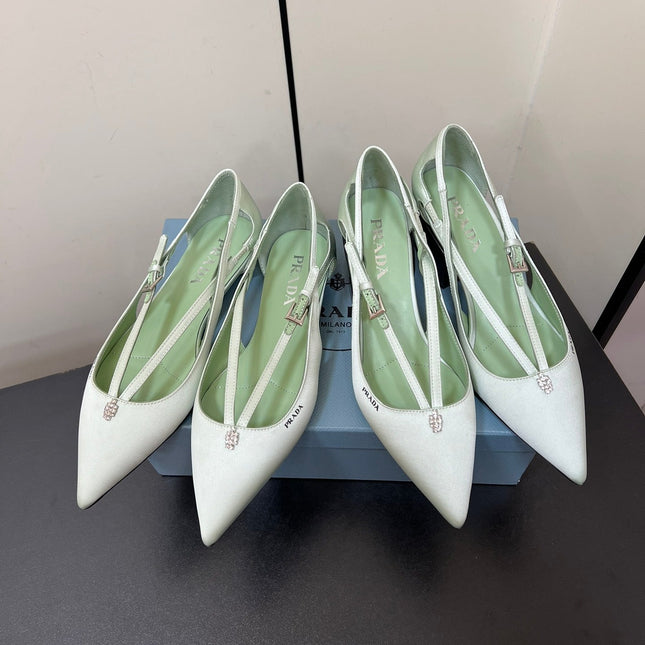 CUT-OUT PUMPS WITH BEAD BUCKLE IN CHETWODE GREEN SATIN